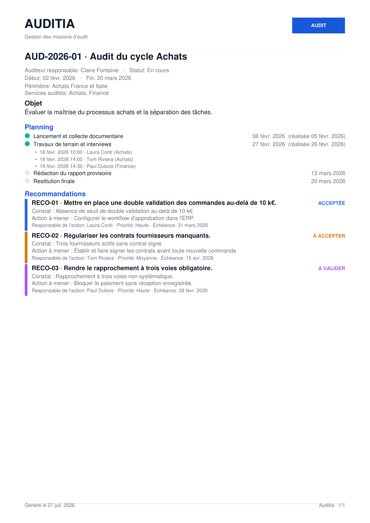 Auditia, mission exportée en PDF