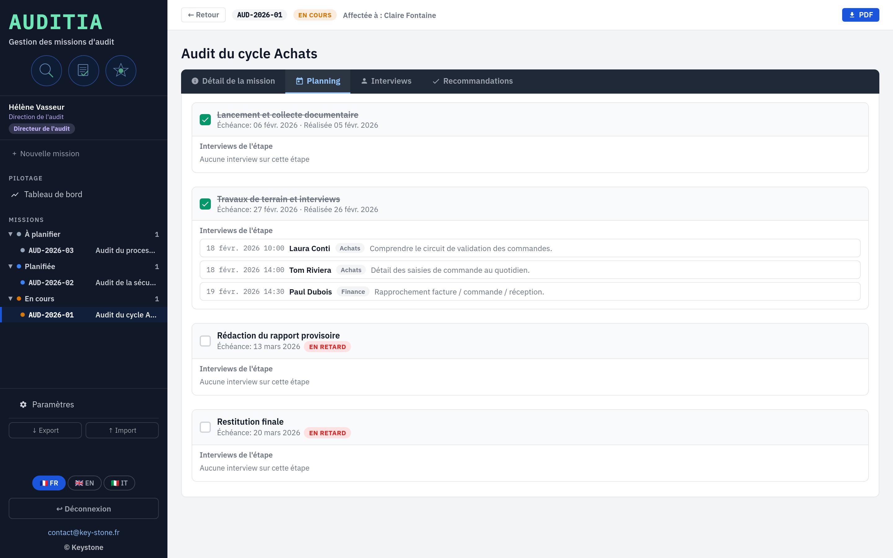 Auditia, planning d'une mission d'audit par étapes