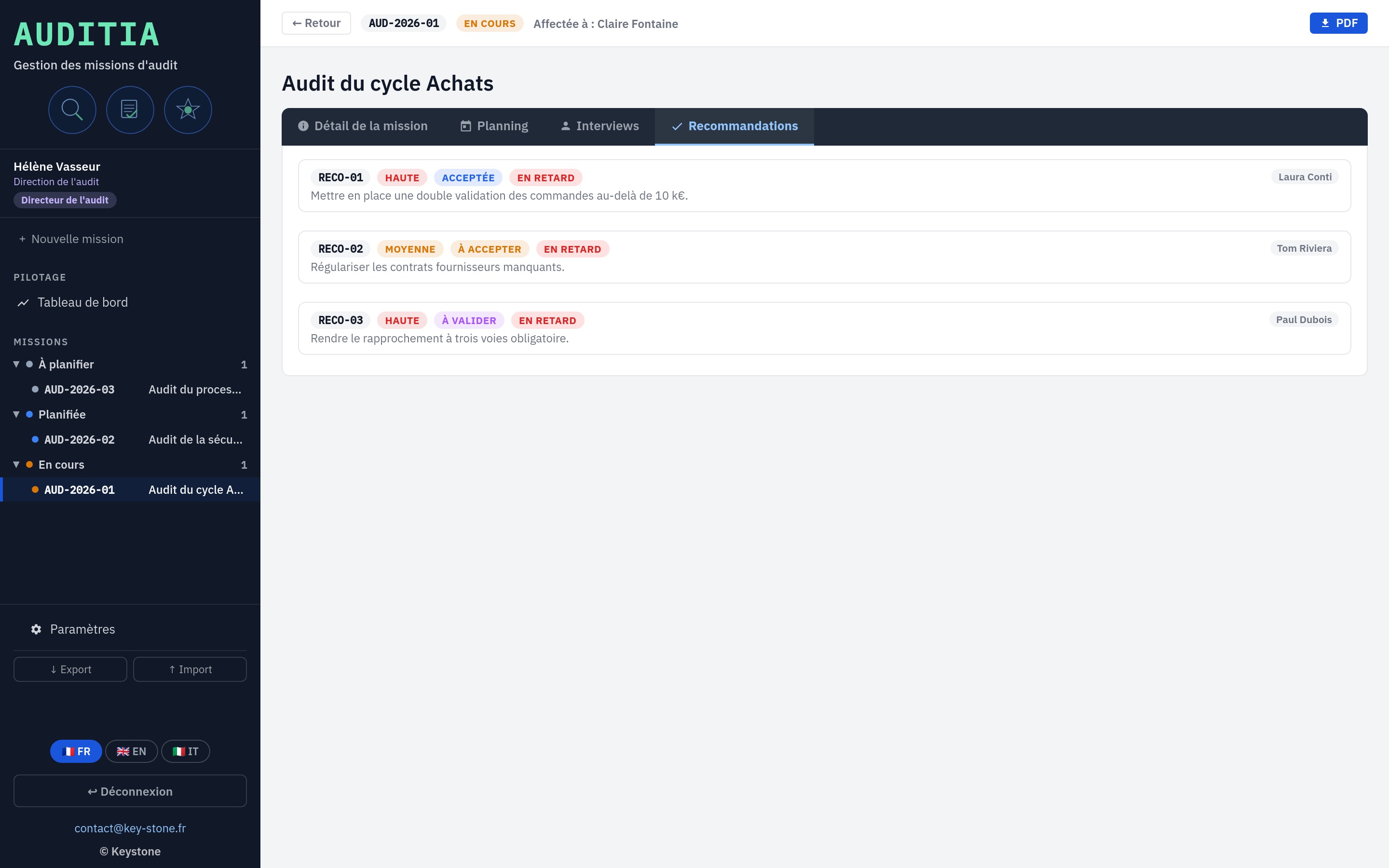 Auditia, recommandations codifiées et leur cycle de validation