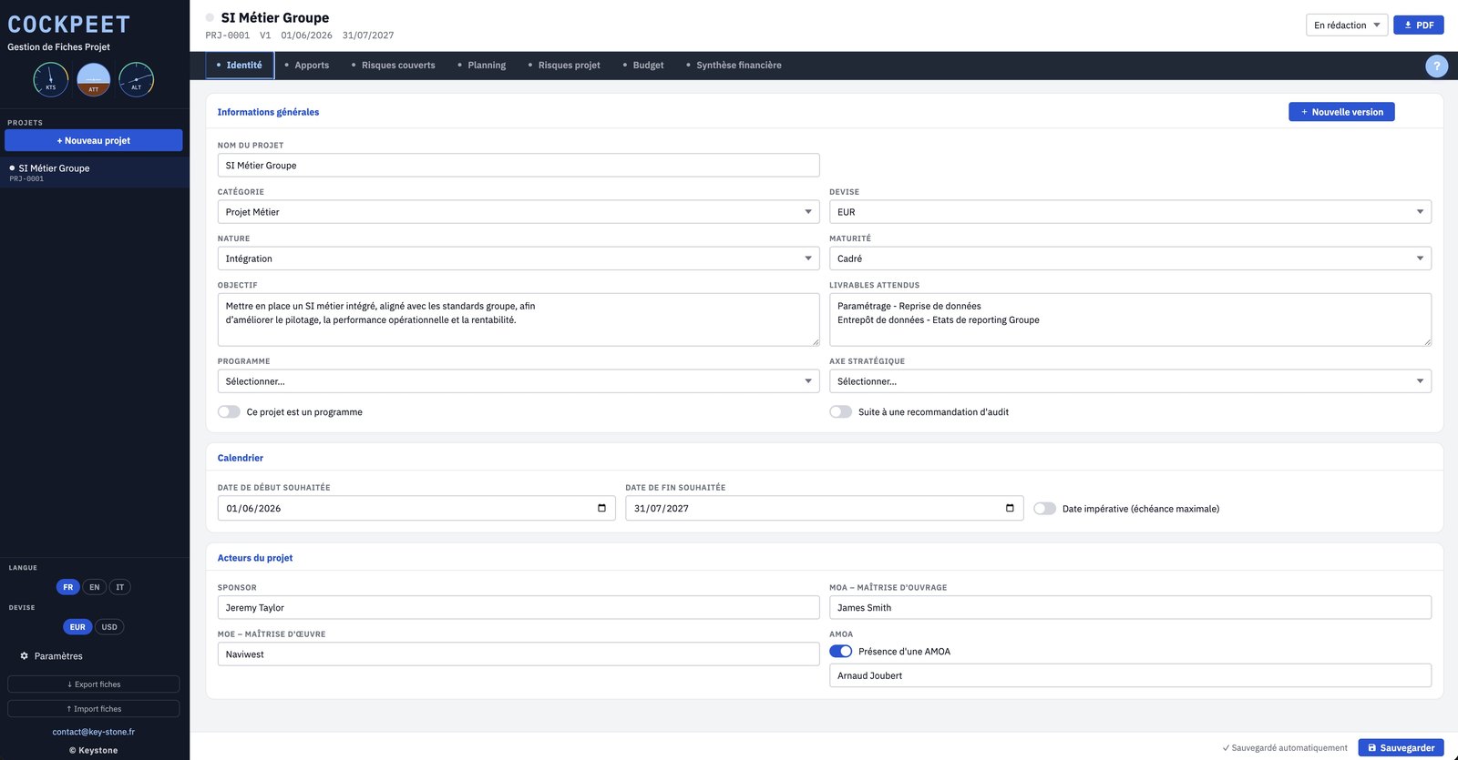 Cockpeet, écran Identité de la fiche projet
