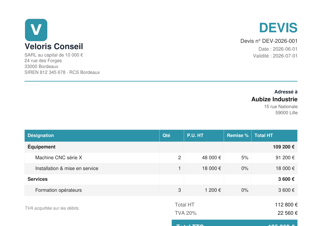 Mercas, devis exporté en PDF