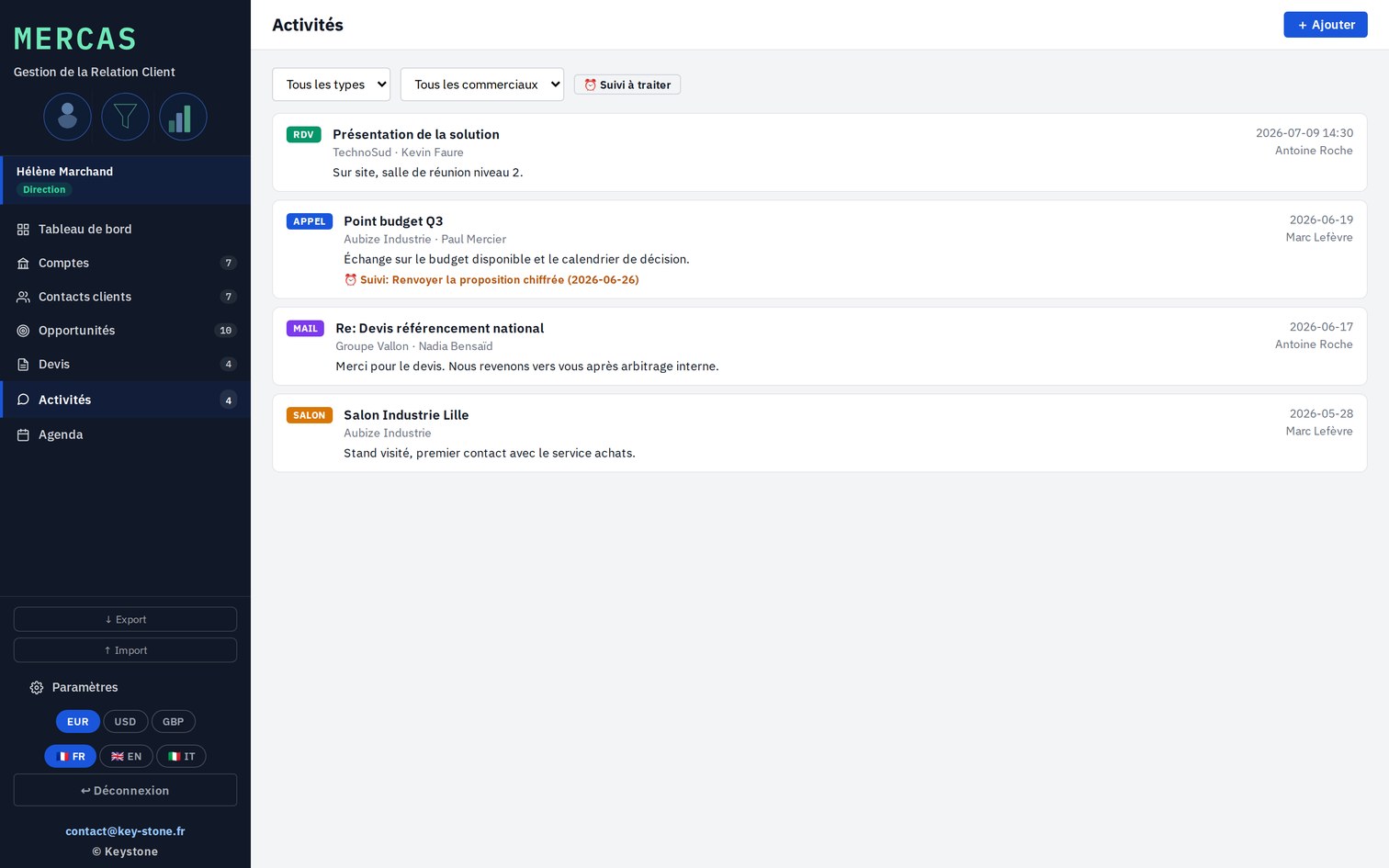 Mercas, journal des activités par compte