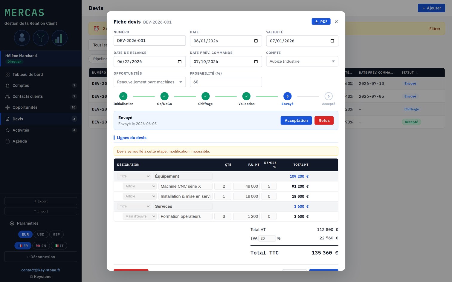 Mercas, fiche devis avec la frise de workflow