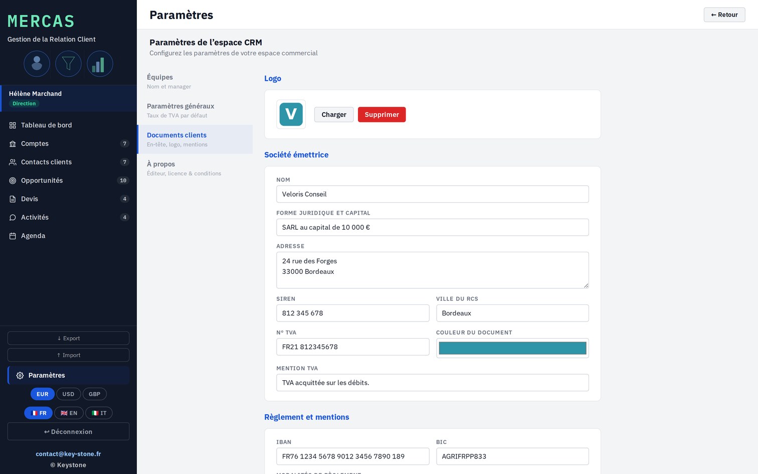 Mercas, paramètres des documents clients