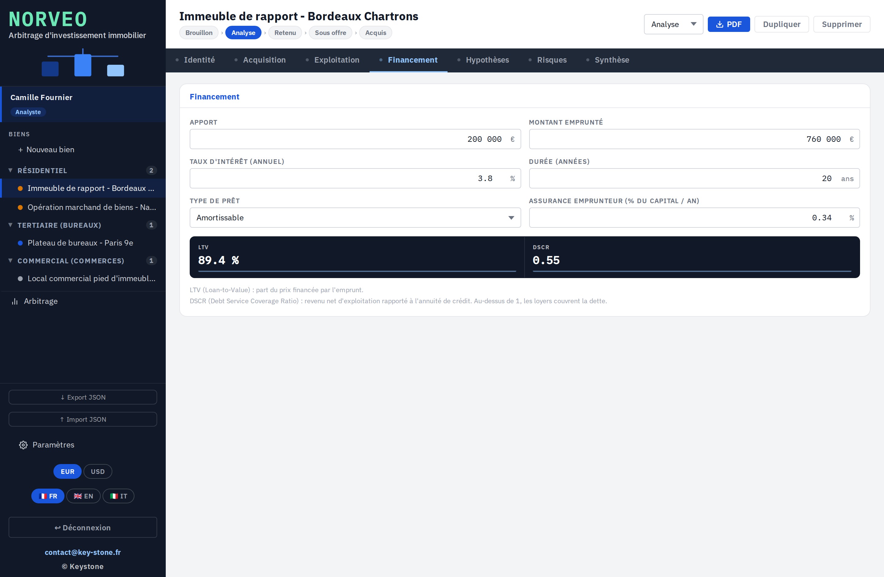 Norveo, écran Financement avec LTV et DSCR