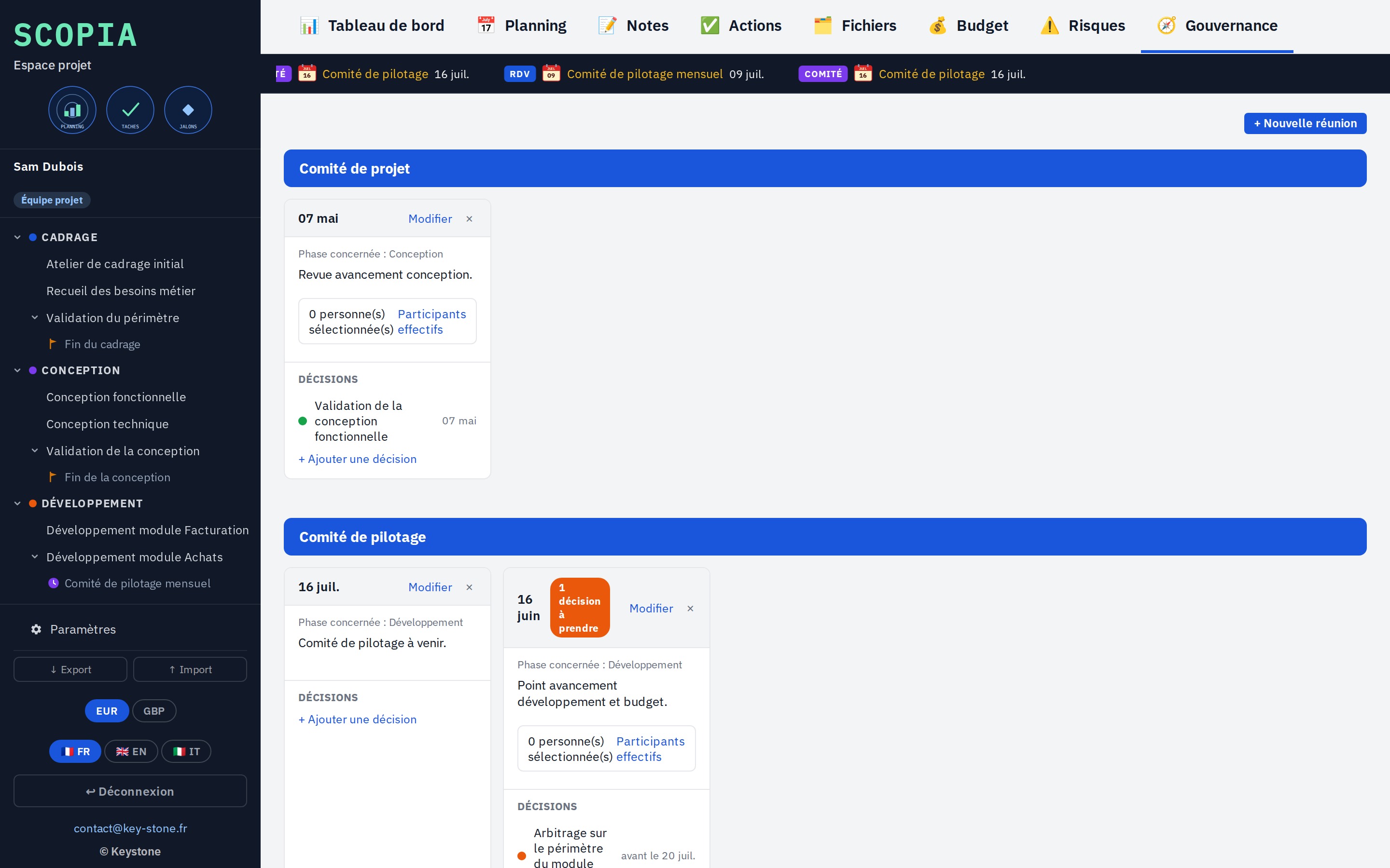 Scopia, gouvernance avec comités, réunions et décisions