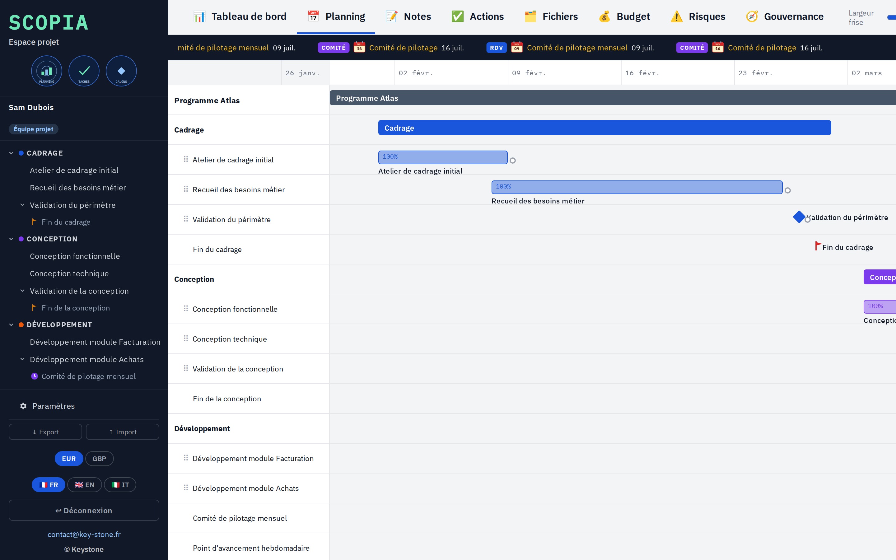 Scopia, planning Gantt avec phases, tâches et jalons